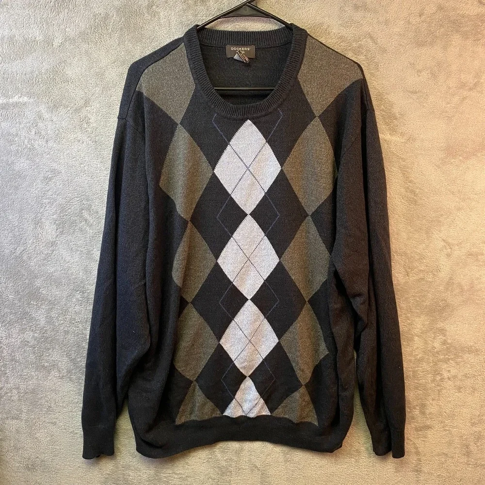 Dockers Mens Sweater 3XLT Black Argyle Crewneck Acrylic Big Tall